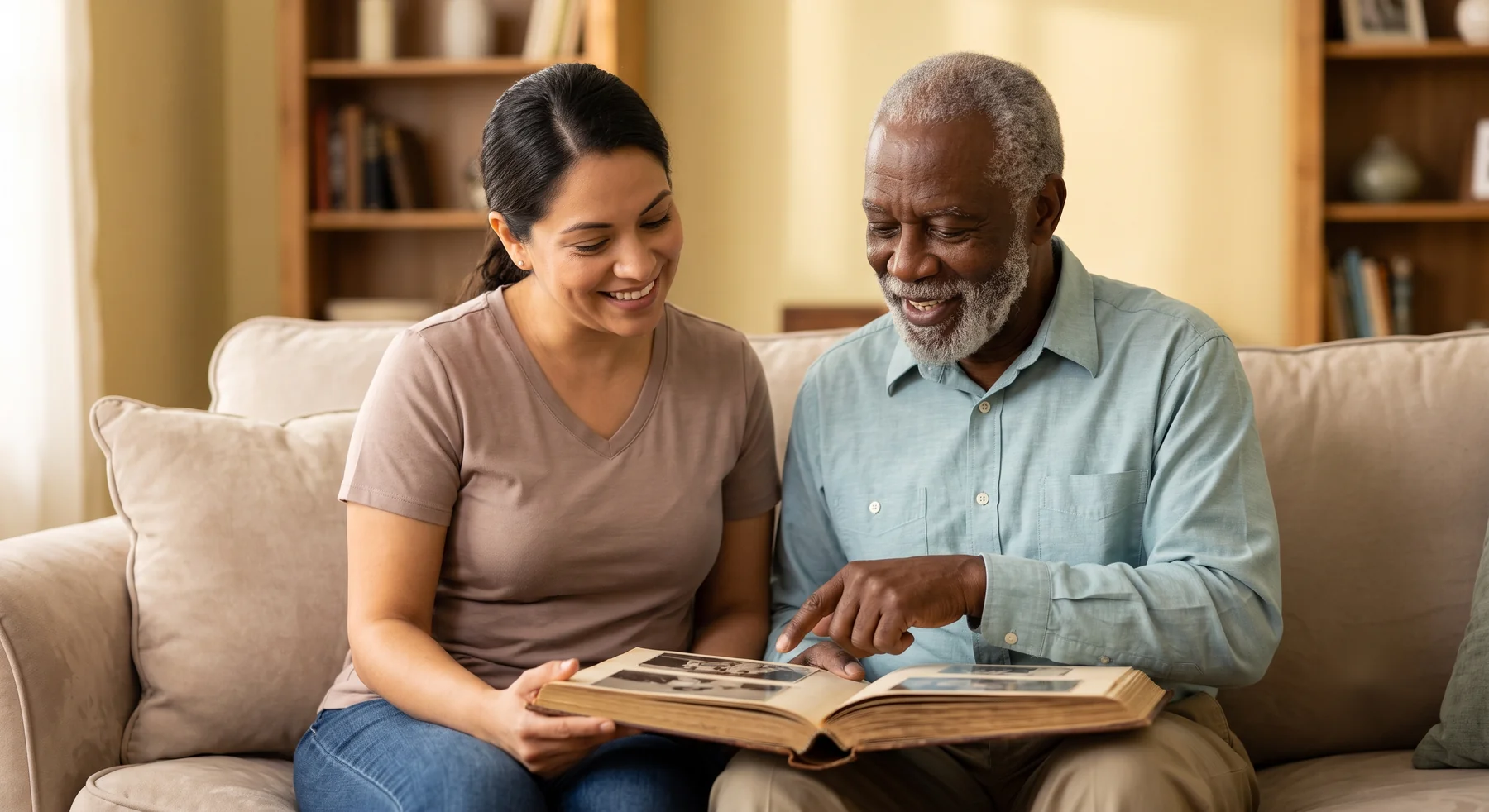 A caregiver and a senior smiling together at home